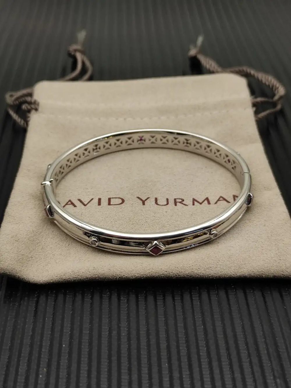 David Yurman Silver Red Diamond 8mm Renaissance Band Bracelet